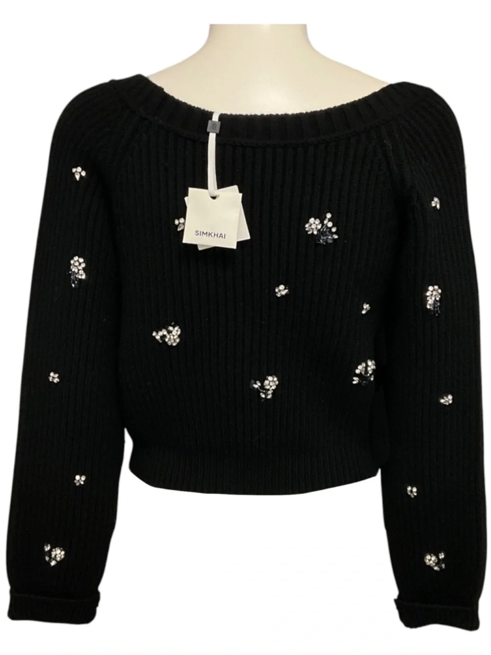 SIMKHAI BLACK CRYSTAL EMBELLISHED WOOL AND CASHMERE KNIT CARDIGAN SWEATER